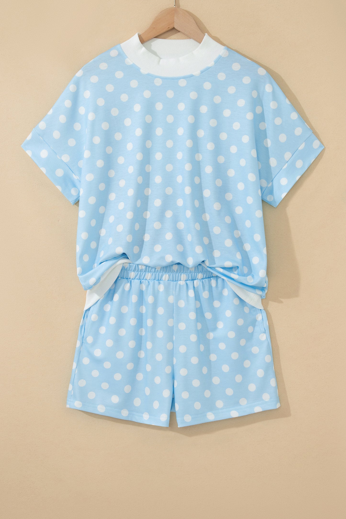 Green Polka Dot Print Color Block Trim Mock Neck Short Set