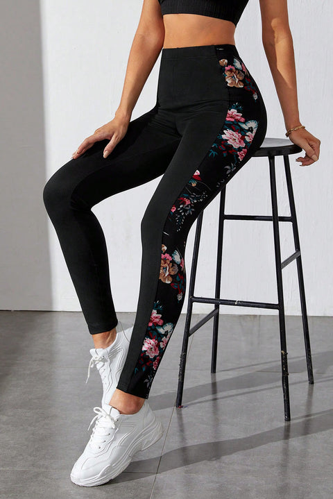 Leggings de cintura alta con parche y estampado floral negros 