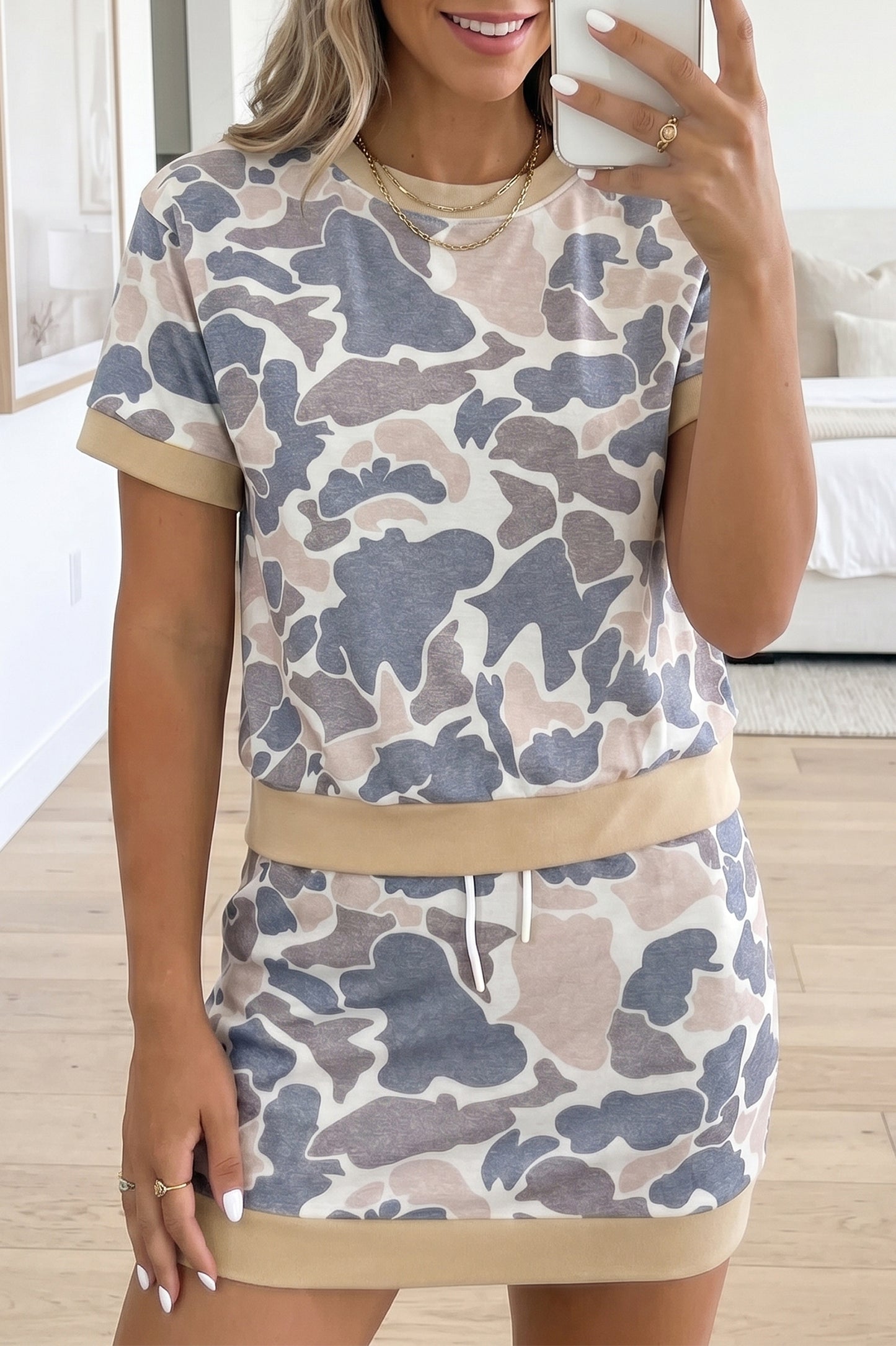 Multicolour Retro Camouflage Color Block Trim Skort 2pcs Outfit