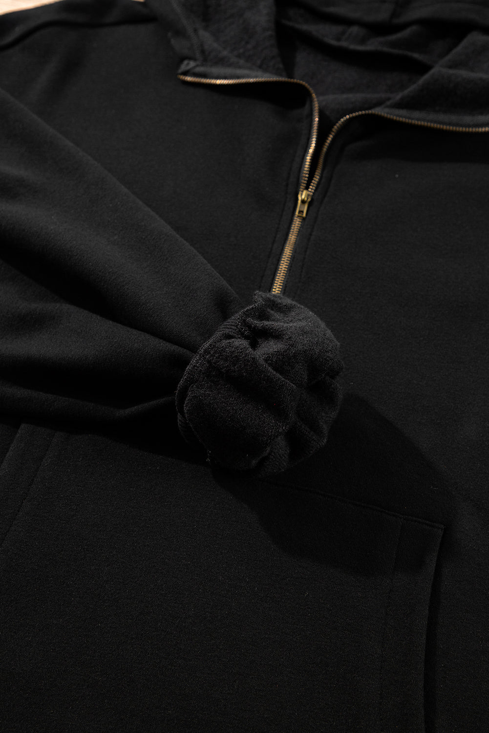 Black Fleece Lined Half Zipper Kangaroo Pockets Loose Hoodie