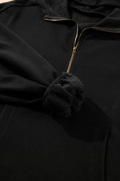 Black Fleece Lined Half Zipper Kangaroo Pockets Loose Hoodie