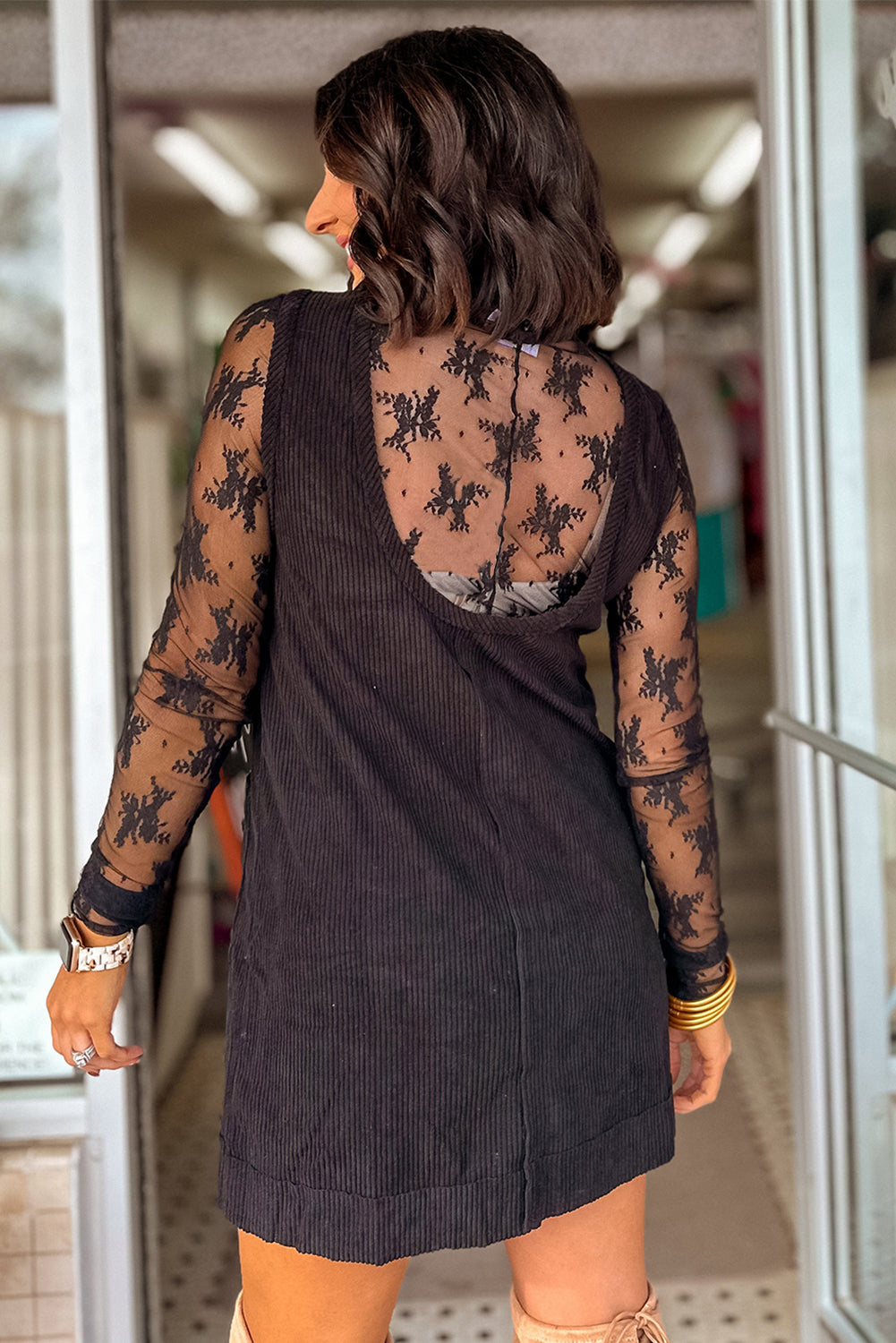 Black Corduroy Sleeveless Mini Dress With Patched Pockets