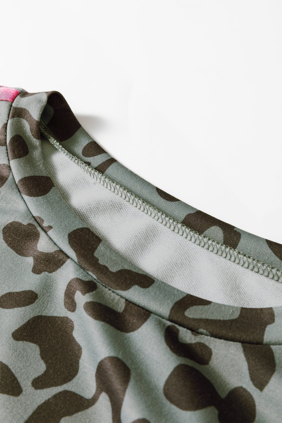 Green Leopard Print Varsity Striped Trim Long Sleeve Top