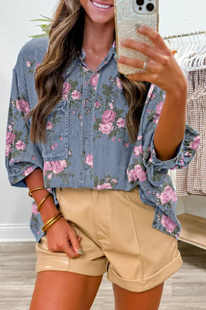 Blue Bracelet Sleeve Floral Denim Shirt