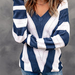 Blue Striped Colorblock V Neck Knitted Sweater