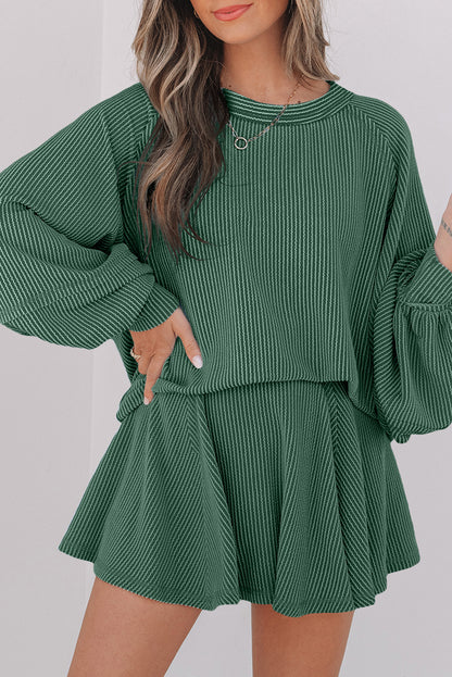Mist Green Corded Lantern Sleeve Top High Waist Ruffled Mini Skort Set