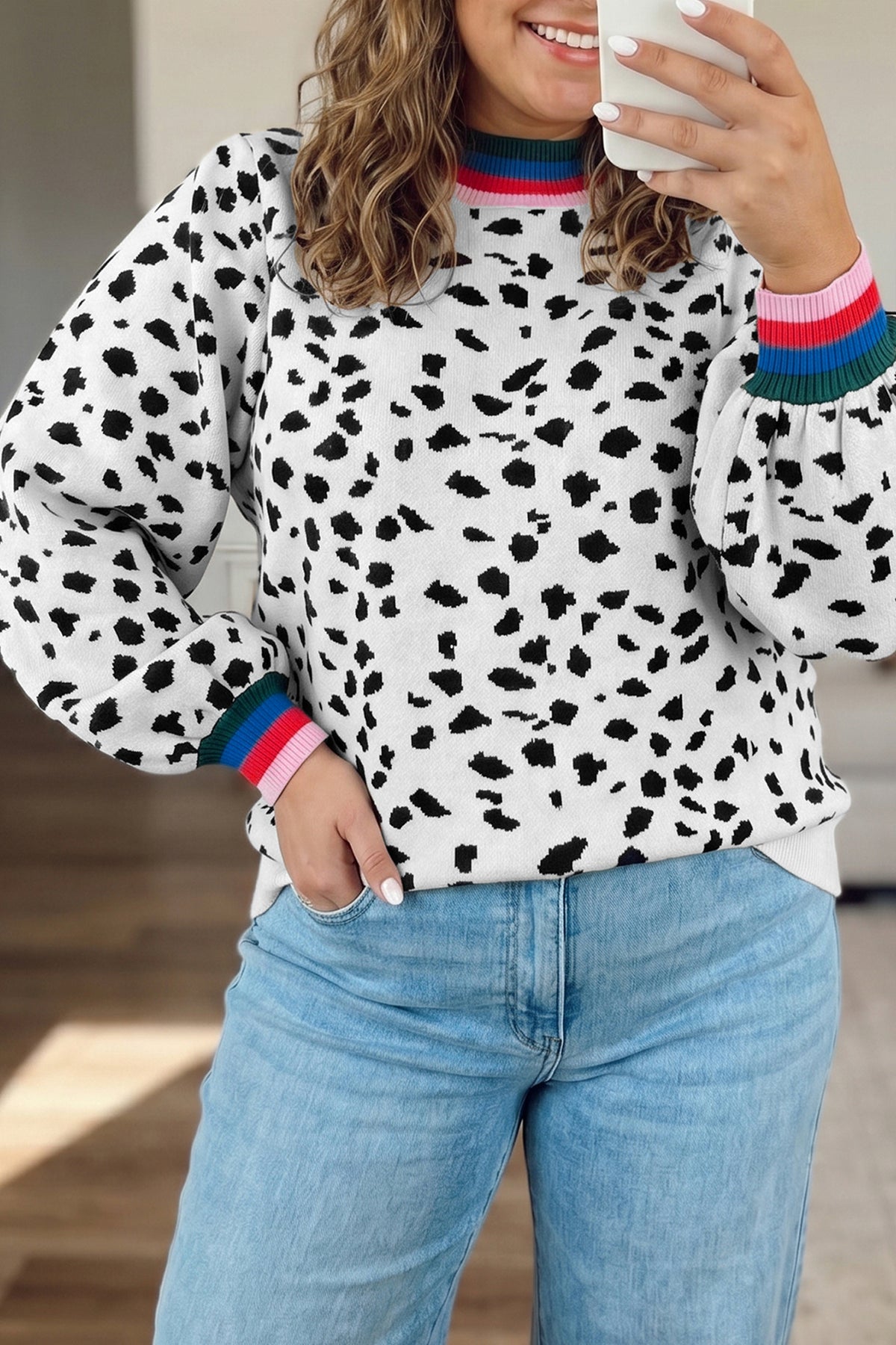 White Leopard Print Colorblock Round Neck Long Sleeve Tunic Plus Size Sweater