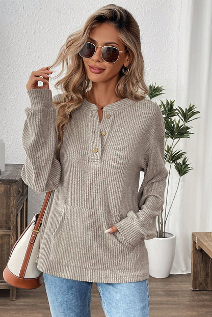 Simply Taupe Ribbed Texture Drop Shoulder Henley Knit Top