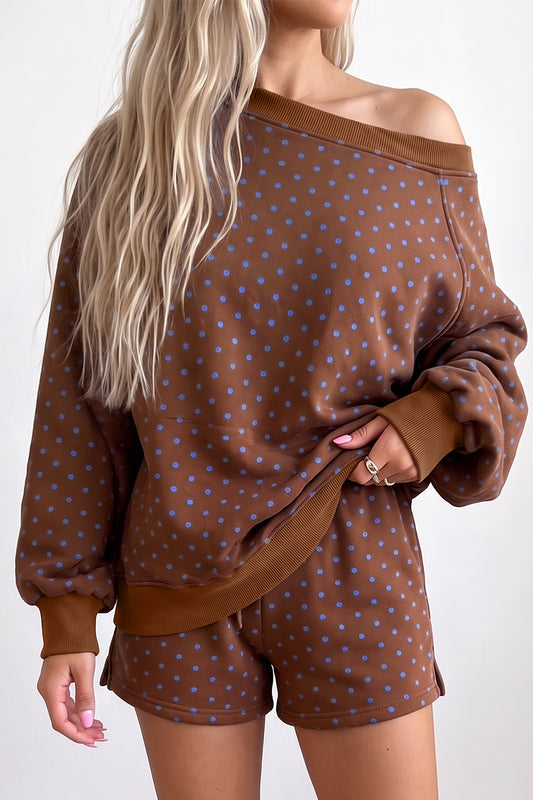 Brown Polka Dot Relaxed Long Sleeve Top Drawstring Shorts 2pcs Sets