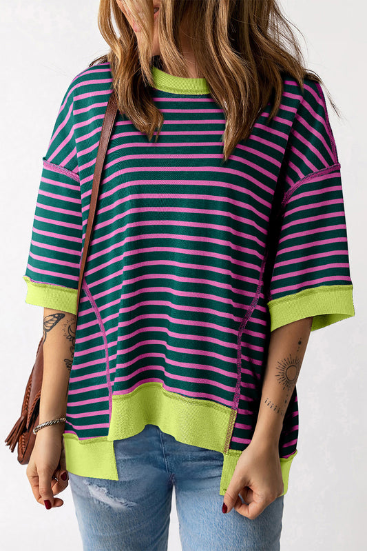 Green Contrast Trim Exposed Seam High Low Stripe T Shirt