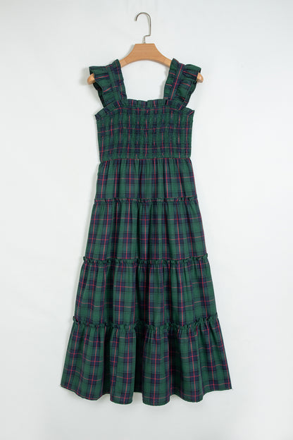 Green Plaid Ruffle Sleeveless Shirred Bodice Tiered Midi Dress