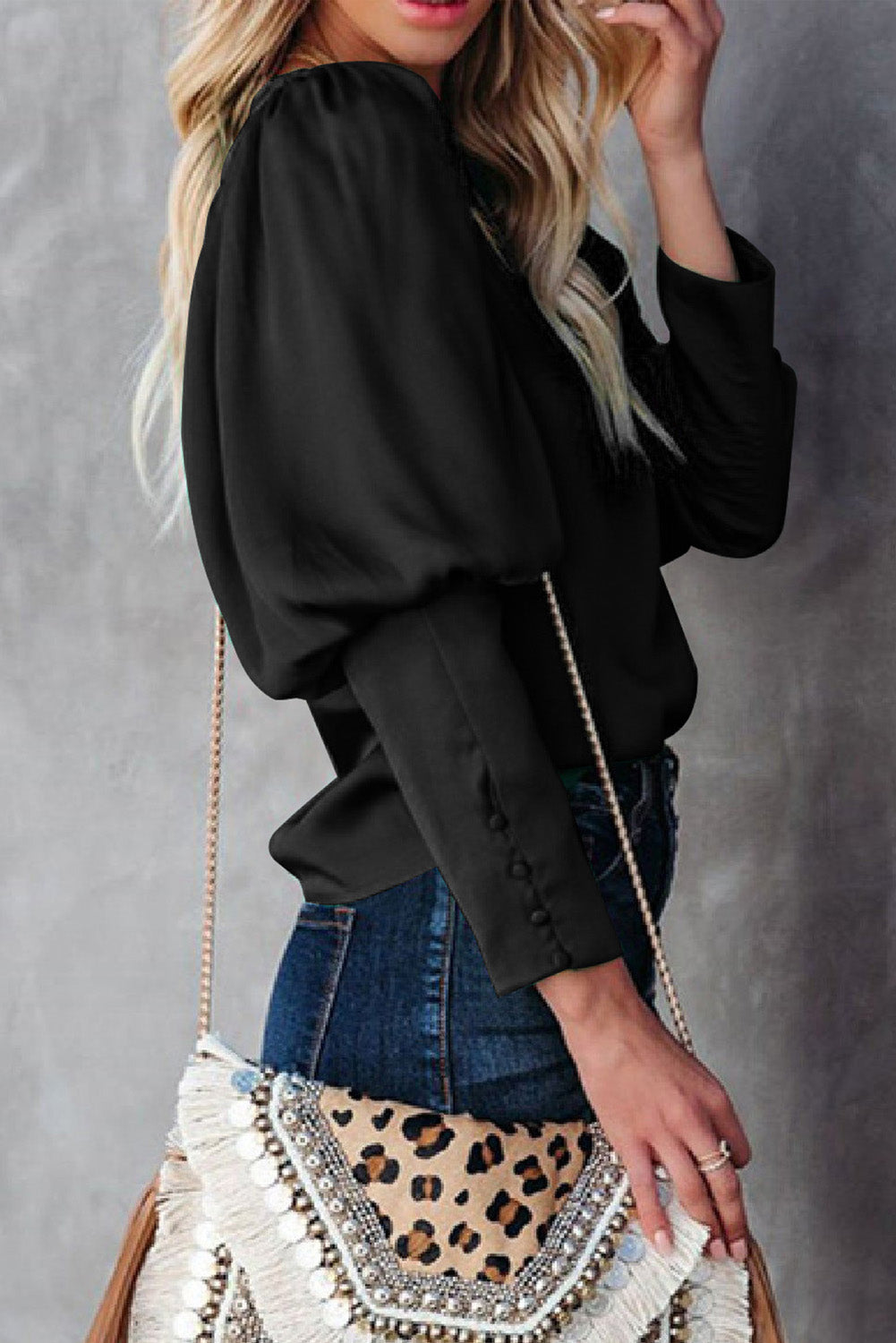 Satin Buttoned Cuffs Puff Sleeve Top