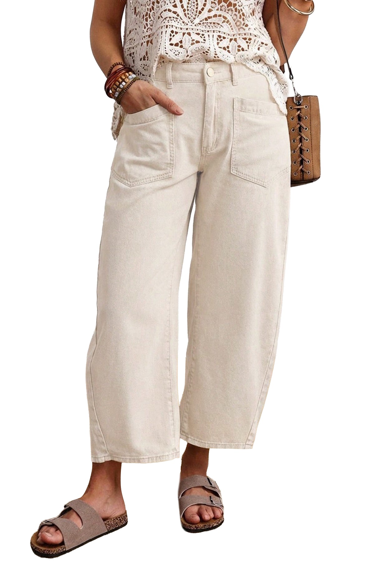Beige Solid Color Square Patch Pocket Ankle-length Barrel Jeans