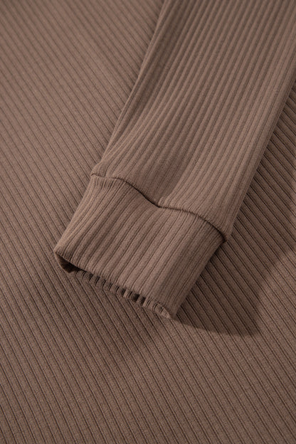 Dark Khaki V Neck Ribbed Stitched Detail Long Sleeve Top