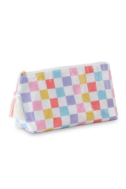 Red Checkered Vinyl Waterproof Tassel Zipper Makeup Bag