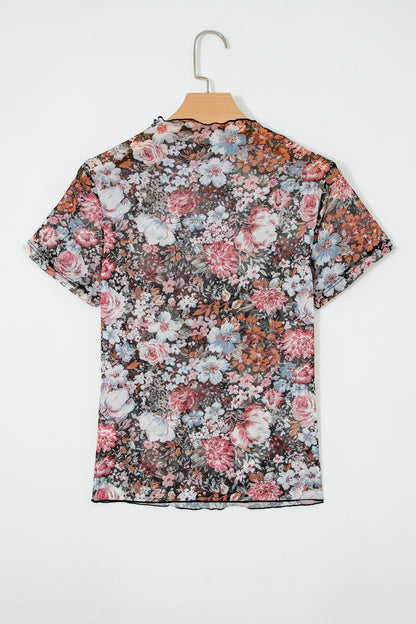 Brown Floral Printed Mesh Short Sleeve Top