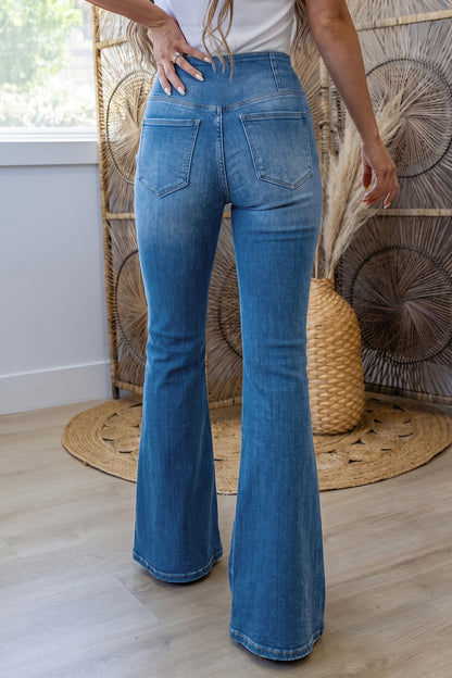 Dusk Blue Crossed Waist Western Flared Full-length Jeans