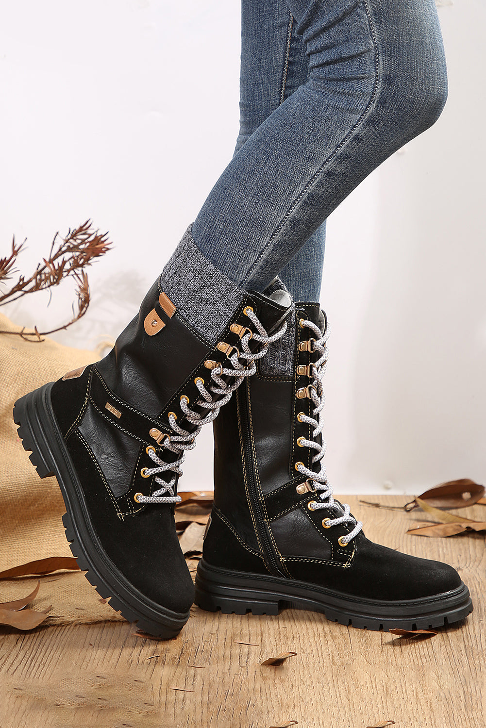 Coffee Wool Knit Patchwork Lace Up Leather Boots
