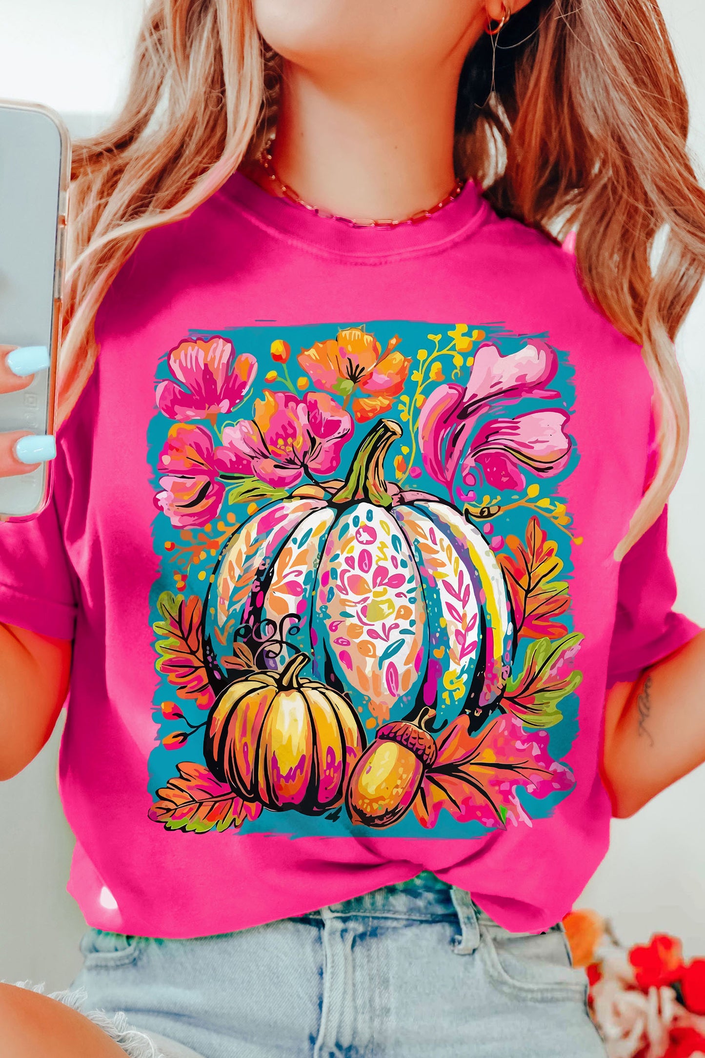 Rose Red Floral Pumpkin Graphic Print Crewneck Relaxed T-Shirt