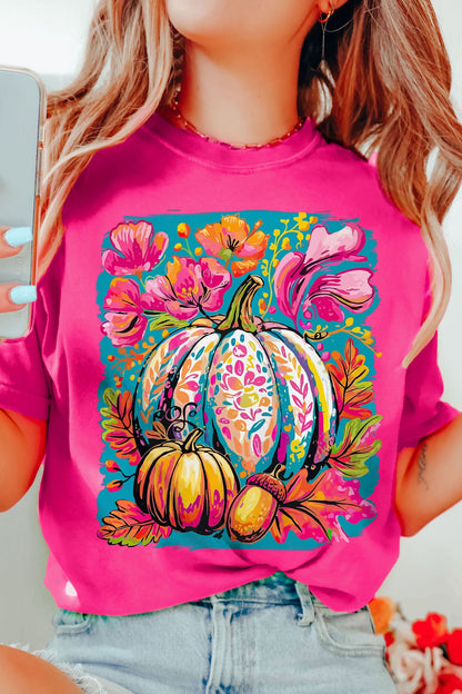 Rose Red Floral Pumpkin Graphic Print Crewneck Relaxed T-Shirt