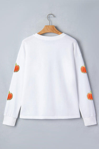 White Glitter Chenille Pumpkin Patch Graphic Long Sleeve Top
