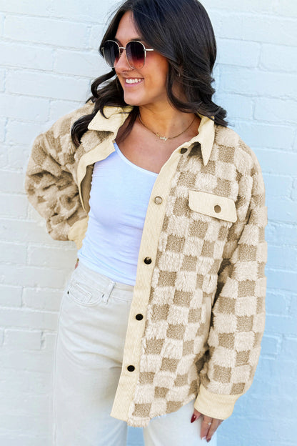 Khaki Plush Checkered Corduroy Trim Metal Button Long Sleeve Shift Silhouette Shacket