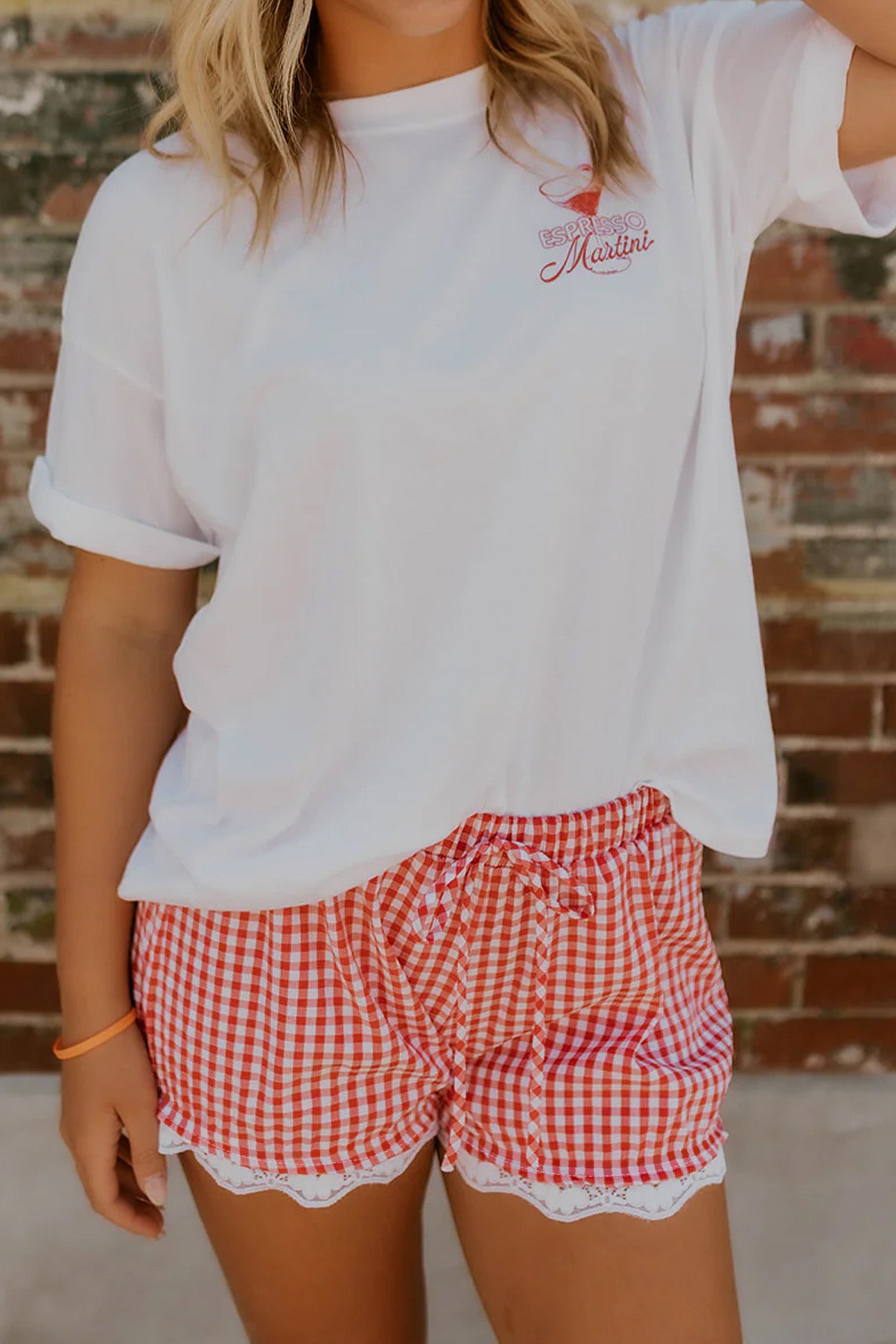 Red Gingham Plaid Tie Elastic Waist Lace Patchwork Hem Casual Shorts