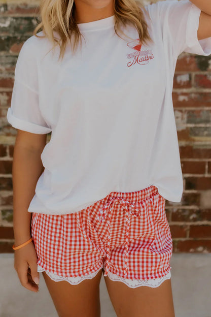 Red Gingham Plaid Tie Elastic Waist Lace Patchwork Hem Casual Shorts