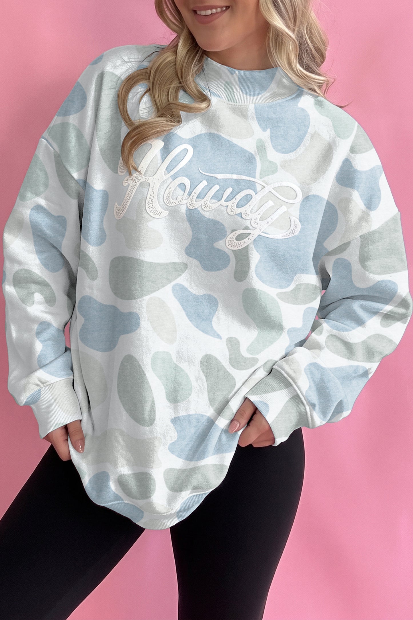 Sky Blue Camo Print Howdy Western Style Baggy Pullover Sweatshirt