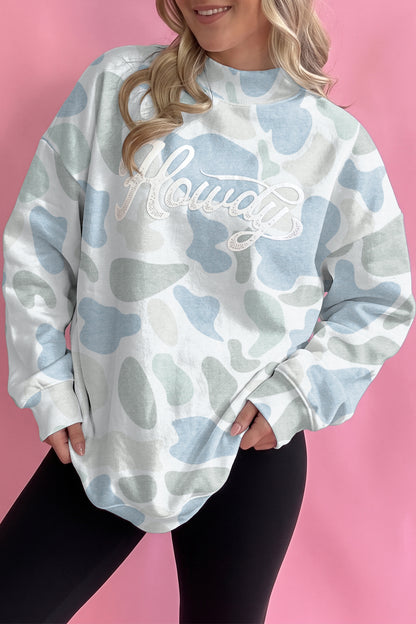 Sky Blue Camo Print Howdy Western Style Baggy Pullover Sweatshirt
