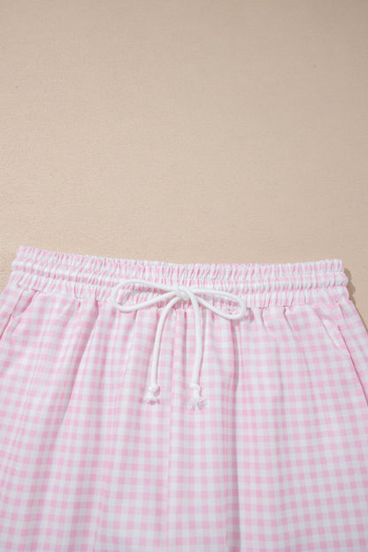 Pink Plaid Zip Neck Sleeveless Top Elastic Waist Shorts Casual Two Piece Short Set