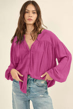 Rose Solid Color Jacquard Puff Sleeve Button up Shirt