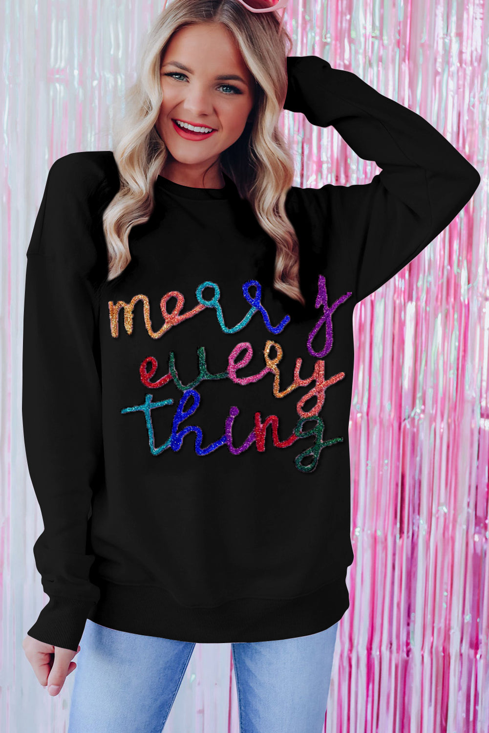 Black Merry Every Thing Glitter Slogan Sweatshirt