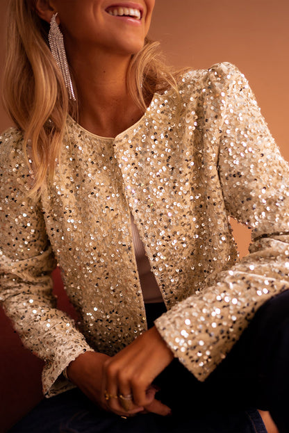 Veste courte ouverte à paillettes en polaire dorée