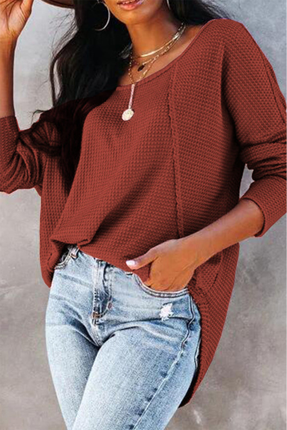 Waffle Knit Splicing Buttons Long Sleeve Top