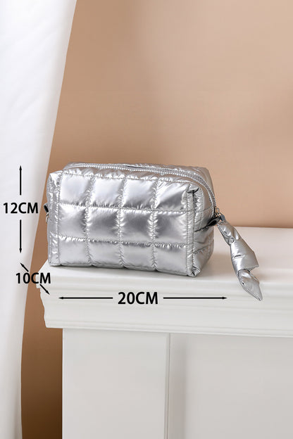 Coffee Solid Color Quilted Nylon Makeup Bag