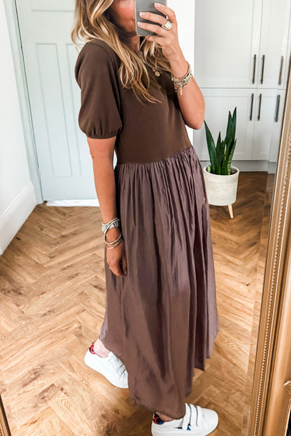 Coffee Short Sleeve Knit Top Patchwork Pleated Long Dress