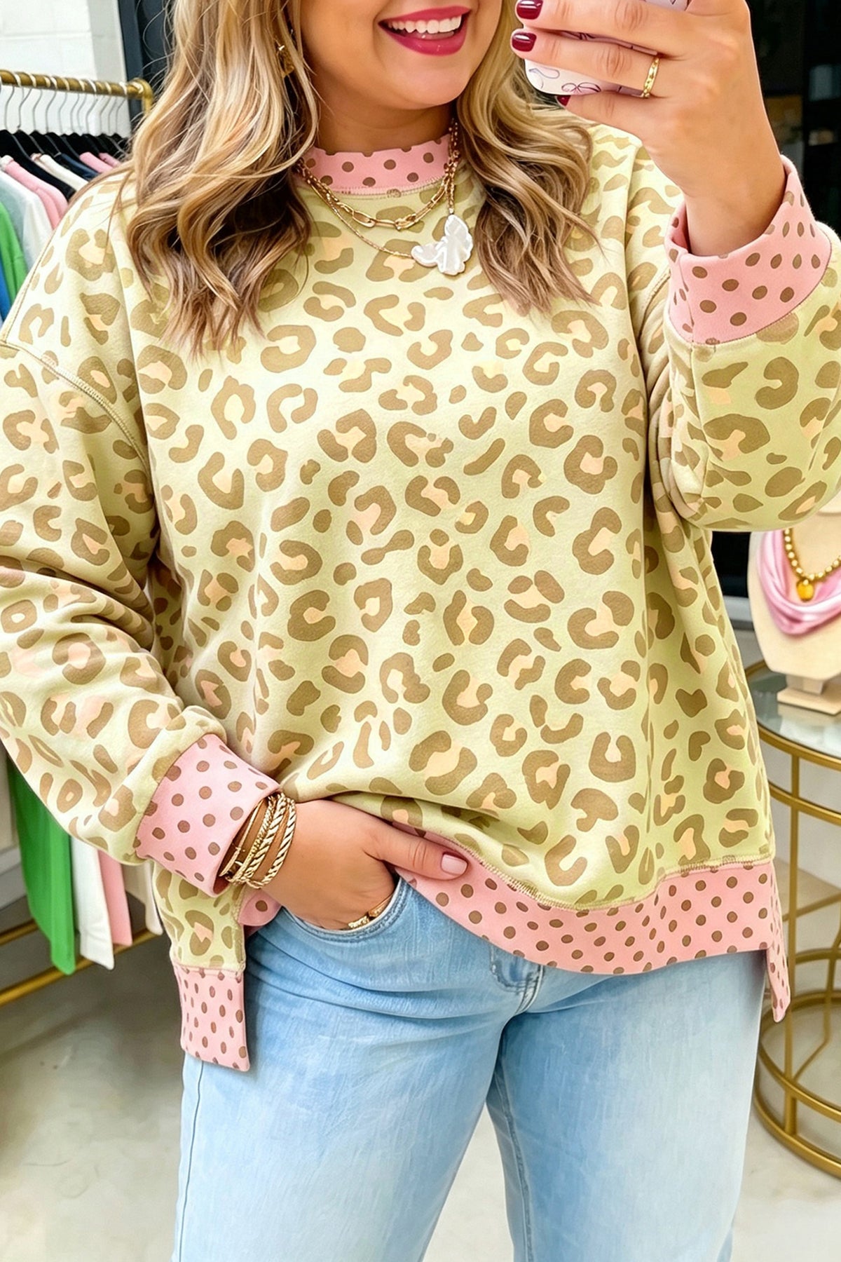 Khaki Plus Size Leopard Print Contrast Polka Dot Trim Long Sleeve Top