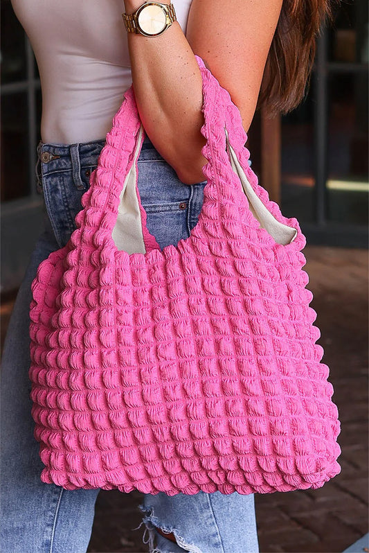 Rose Red Puffy Texture Casual Shopping Bag
