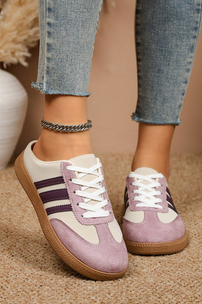 Tillandsia Purple PU Leather Color Block Varsity Lace Up Flat Shoes