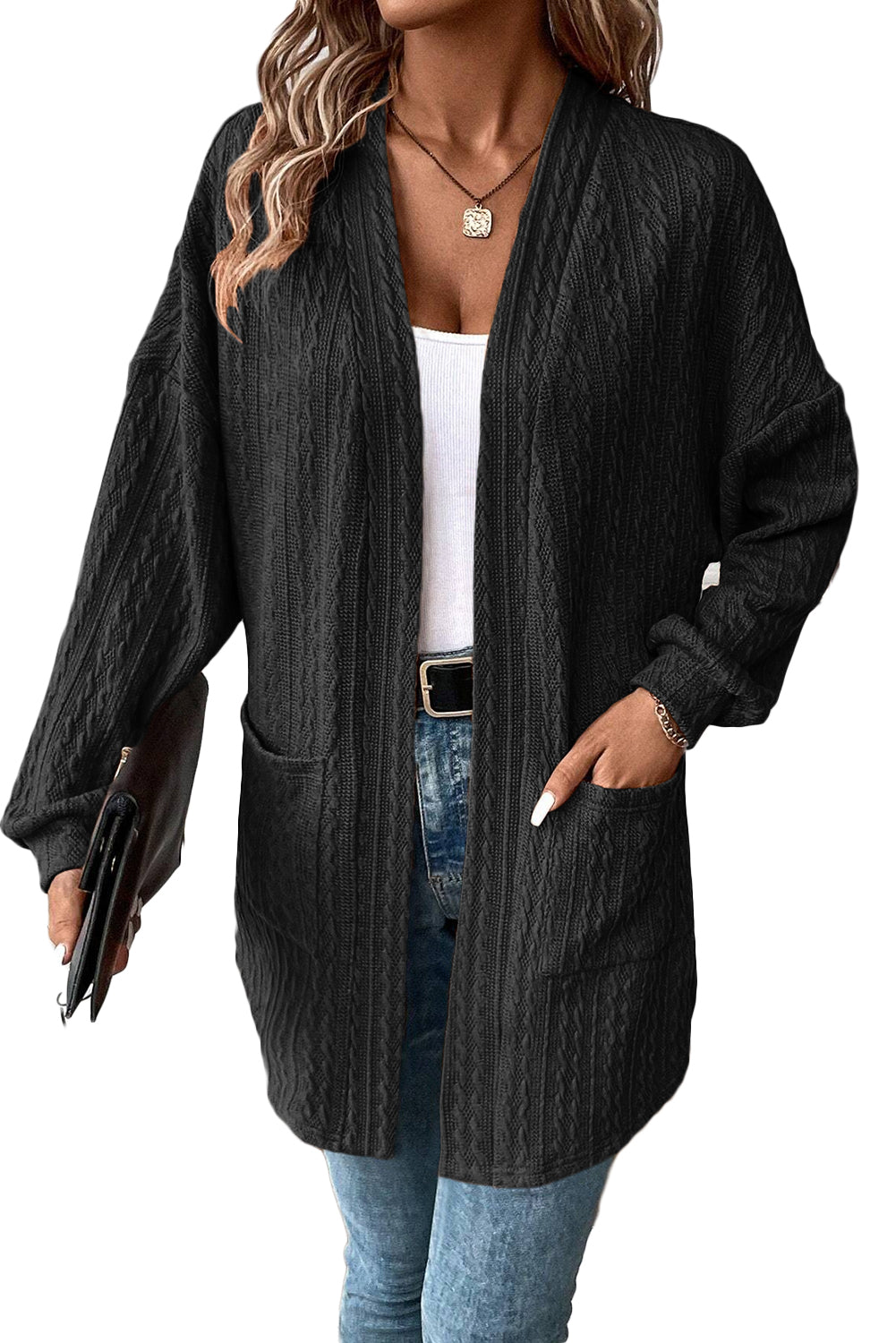 Cardigan ouvert sur le devant en tricot texturé noir avec poches latérales