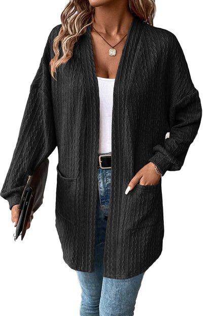 Cardigan ouvert sur le devant en tricot texturé noir avec poches latérales