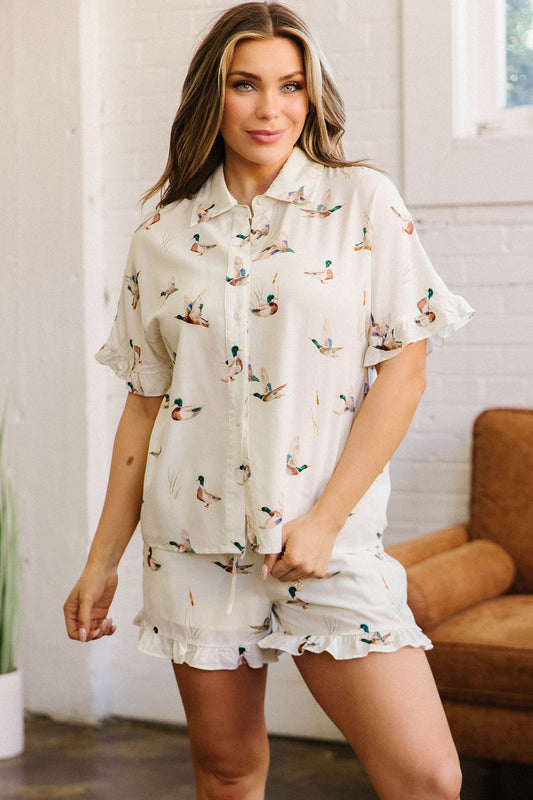 Beige Mallard Print Shirt Style Short Two Piece Set