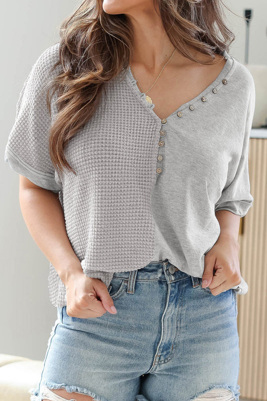 Waffle Knit Patchwork Buttoned Short Sleeve Top