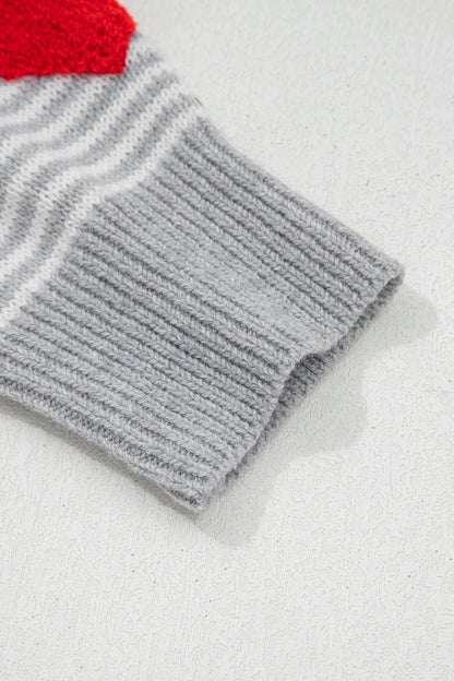 Gray Stripe Contrast Heart Pattern Valentine Knit Sweater