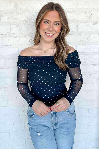 Blue Off Shoulder Polka Dot Mesh Long Sleeve Sheath Top