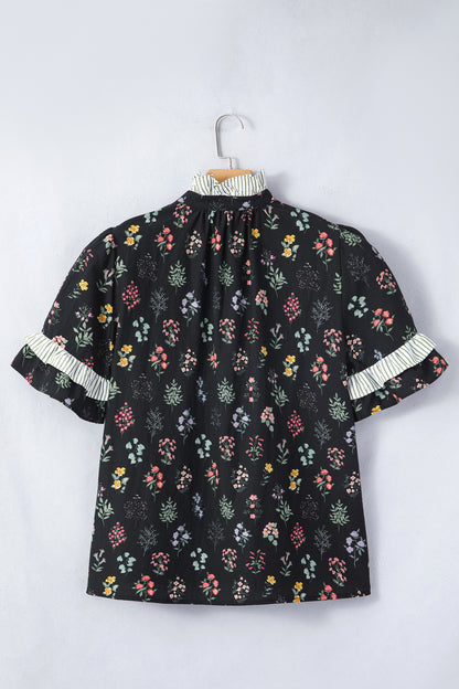 Black Contrast Frilled Trim Short Sleeve Floral Shirt