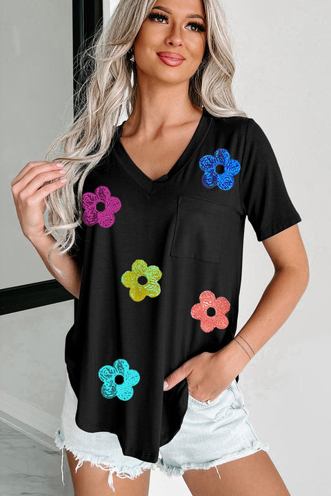 Black Sequined Flower Pocketed V Neck T Shirt