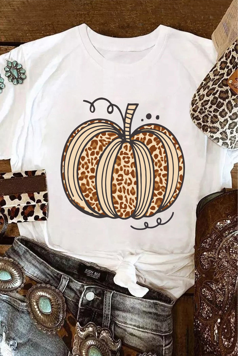 T-shirt d'Halloween à col ras du cou et motif citrouille léopard blanc