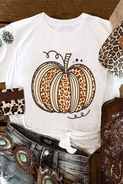 T-shirt d'Halloween à col ras du cou et motif citrouille léopard blanc
